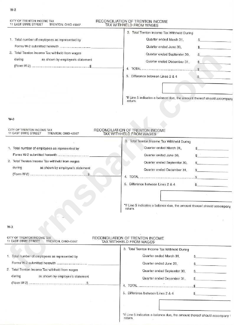 Form W-3 - Reconciliation Of Trenton Income Tax Withheld From Wages - State Of Ohio