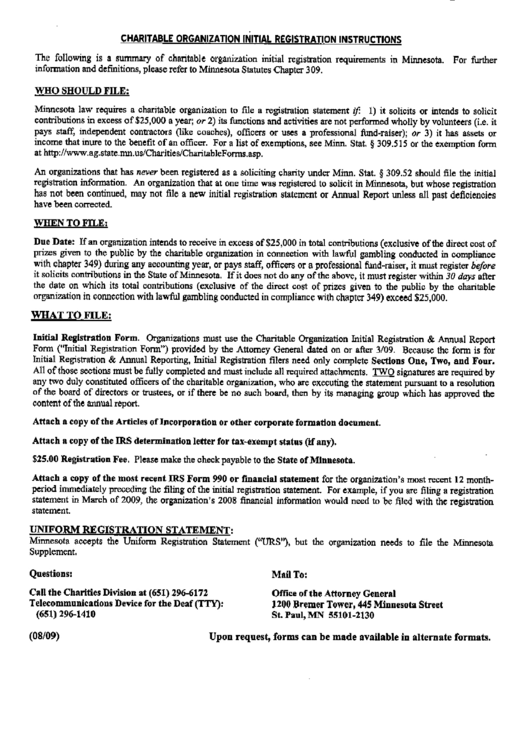 Form Ag: #2363609-V2 - Charitable Organization Initial Registration Instructions - State Of Minnesota Printable pdf