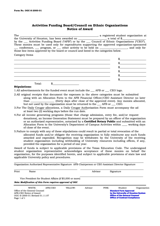 Fillable Form Ogc-S-2000-01 - Activities Funding Board / Council On Ethnic Organizations - Notice Of Award Printable pdf