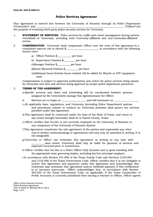 Fillable Form Ogc-S-2003-01 - Police Services Agreement Printable pdf