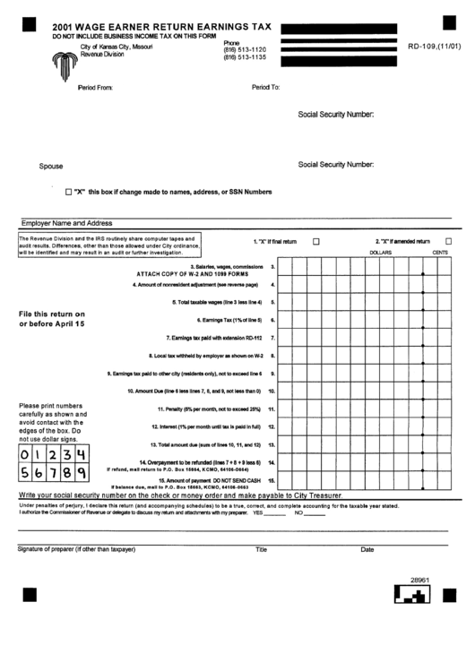 Form Rd-109 - 2001 Wage Earner Return Earning Tax Printable pdf
