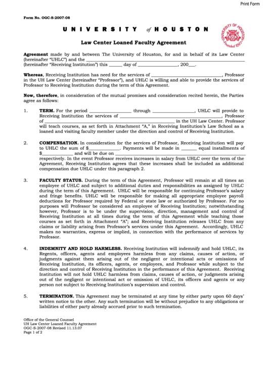 Fillable Form Ogc-S-2007-08 -Law Center Loaned Faculty Agreement Printable pdf
