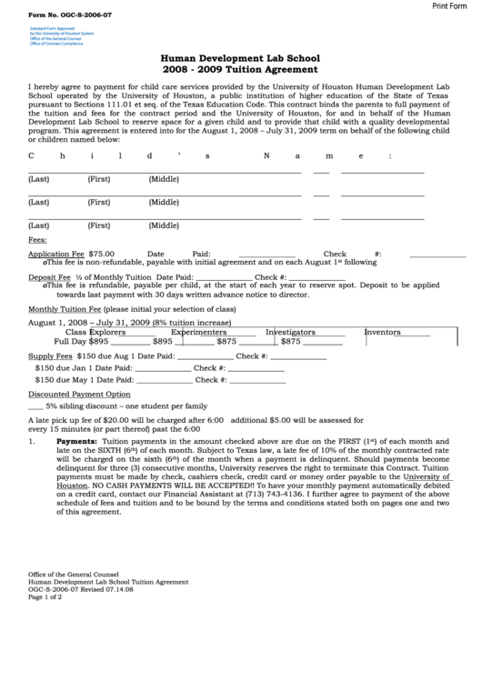 Fillable Human Development Lab School 2008-2009 Tuition Agreement Printable pdf