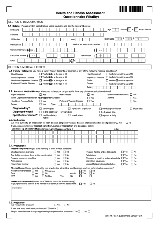 Health And Fitness Assessment Questionnaire (Vitality) Printable pdf