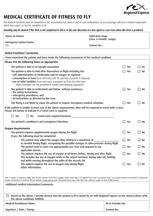 Regional Express Medical Certificate Of Fitness To Fly Printable pdf