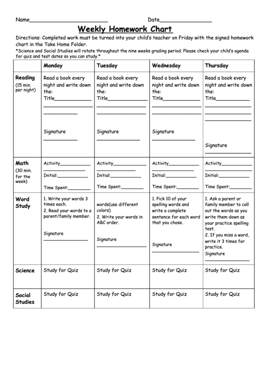 Weekly Homework Chart Template (Sample) Printable pdf