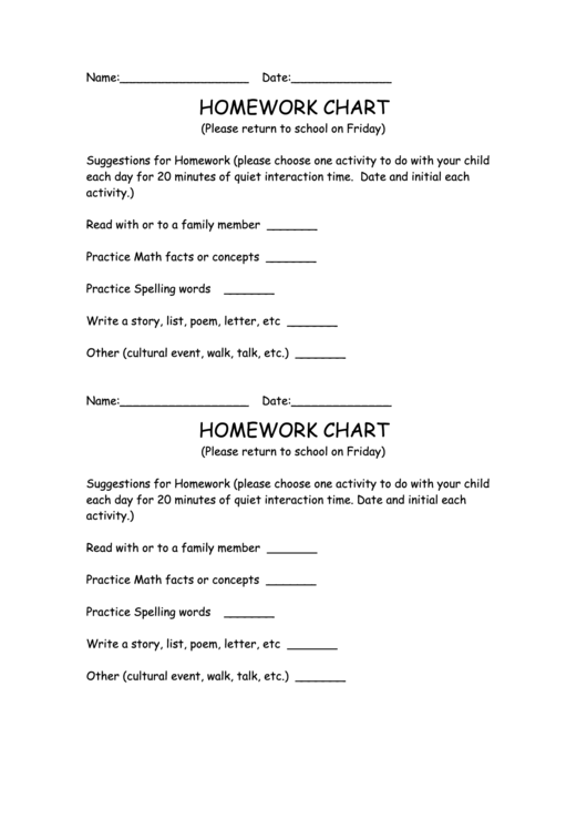 Homework Chart Template (Suggestions For Homework) Printable pdf