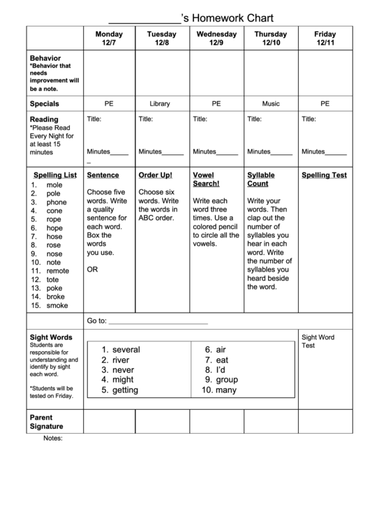 Homework Chart Template (Sample) Printable pdf