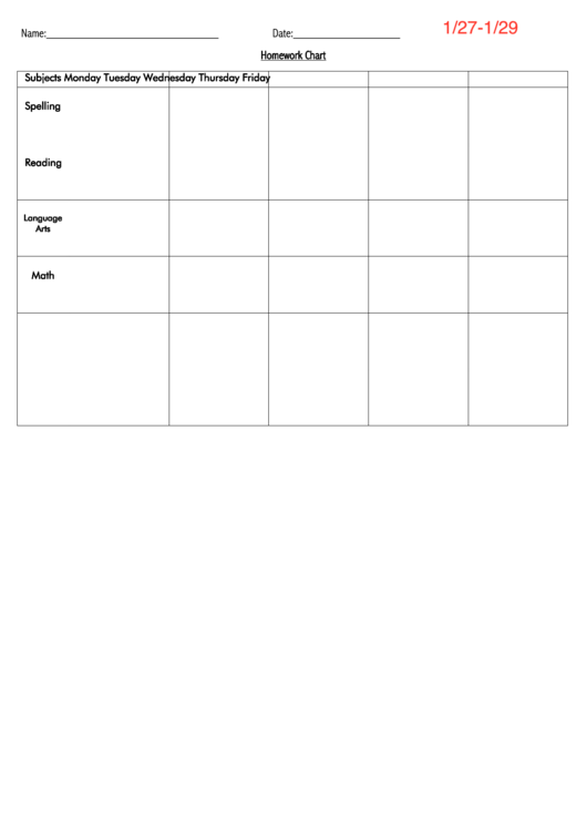 Fillable Weekly Homework Chart Template (Fillable) Printable pdf