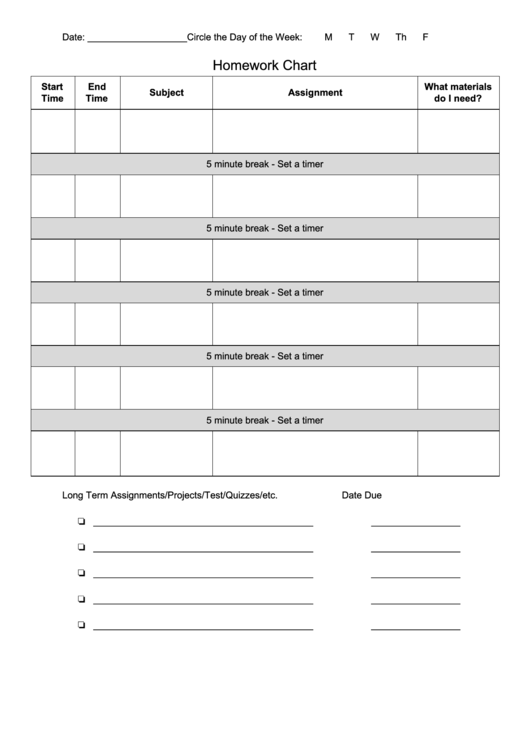 Daily Homework Chart Template Printable pdf