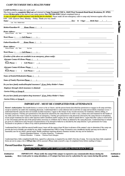 Camp Tecumseh Ymca Health Form Printable pdf