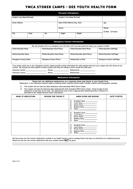 Ymca Storer Camps - Oee Youth Health Form Printable pdf