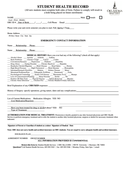 Student Health Record Form Printable pdf