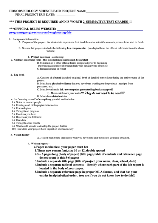 Honors Biology Science Fair Project Printable pdf