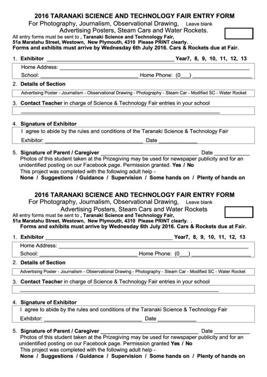 Taranaki Science And Technology Fair Entry Form Printable pdf