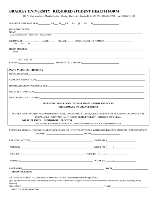 Bradley University Required Student Health Form Printable pdf