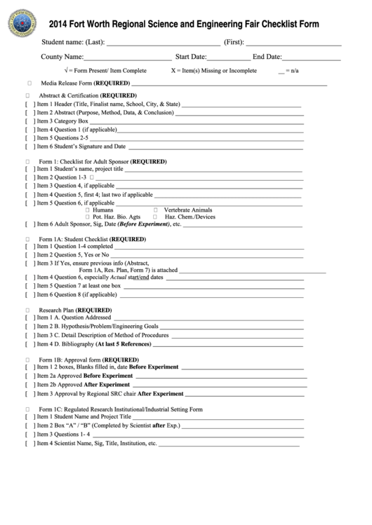 Fort Worth Regional Science And Engineering Fair Checklist Form Printable pdf