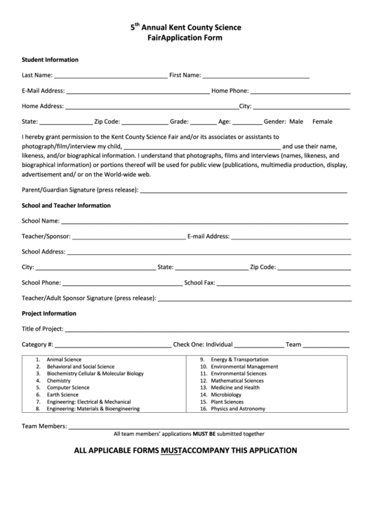 Fillable 5th Annual Kent County Science Fair Application Form, Checklist For Adult Sponsor, Student Checklist Etc Printable pdf