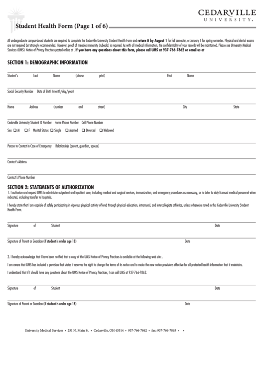 E Cedarville University Student Health Form Printable pdf