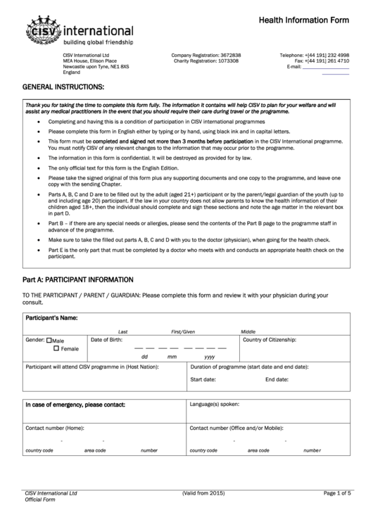 Fillable Cisv International Programme Participant Health Information Form Printable pdf