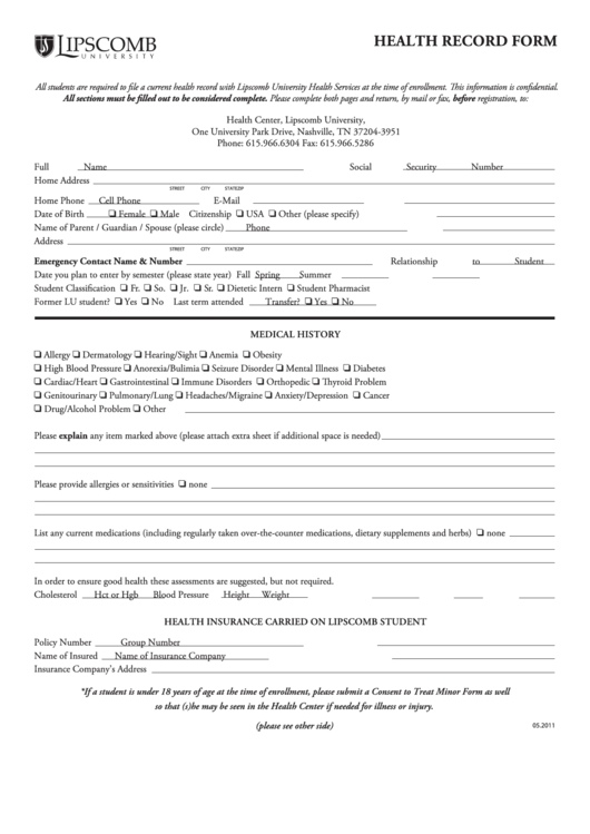 Sample Student Health Record Form Printable pdf
