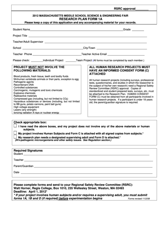 2012 Research Plan Form 1a Template Printable pdf