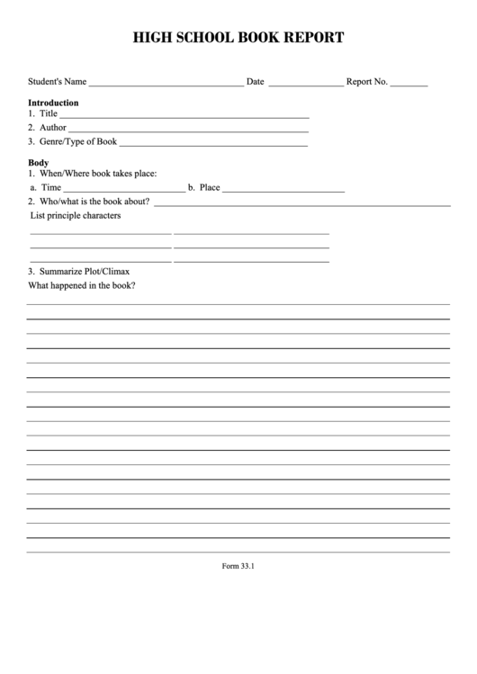 High School Book Report Printable pdf