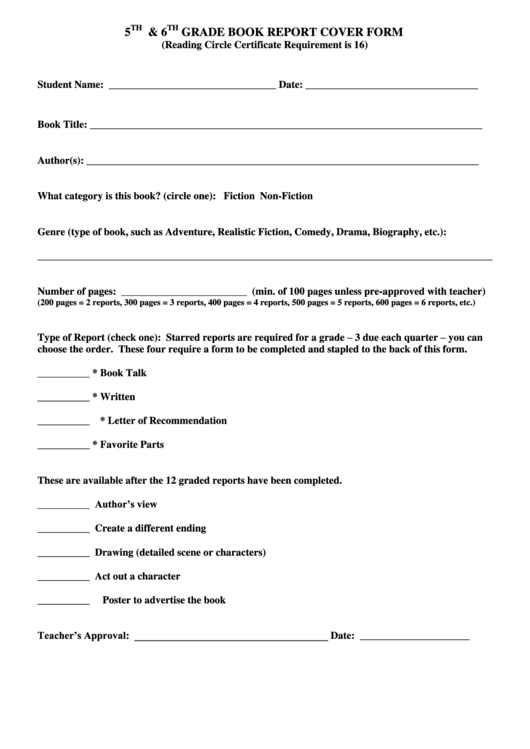 5 Th & 6 Th Grade Book Report Cover Form And Written Book Report Form Printable pdf