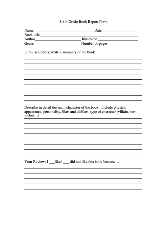 Sixth Grade Book Report Form Printable Pdf Download