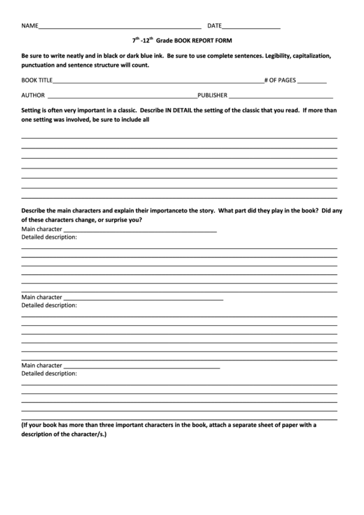 Book Report Form Printable pdf
