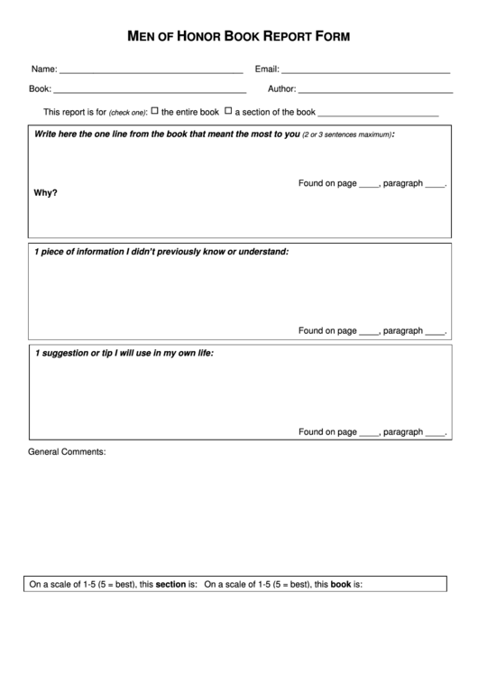 Men Of Honor Book Report Form Printable pdf