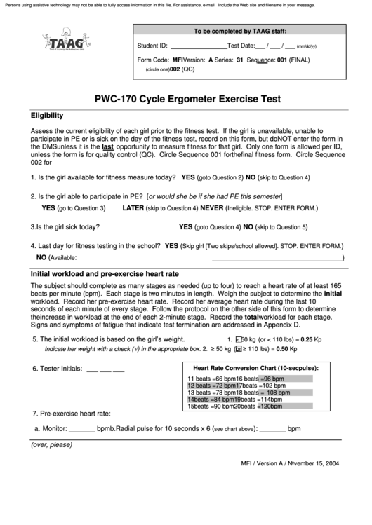 Pwc 170 Cycle Ergometer Exercise Test Printable pdf