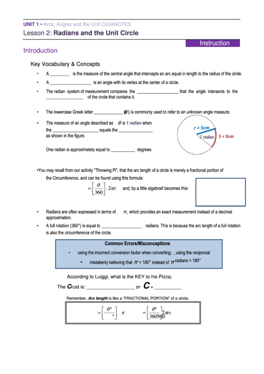 Radians And The Unit Circle Worksheet Template Printable pdf