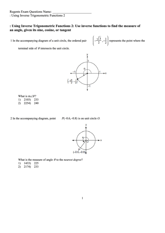 Using Inverse Trigonometric Functions Worksheet Template Printable pdf