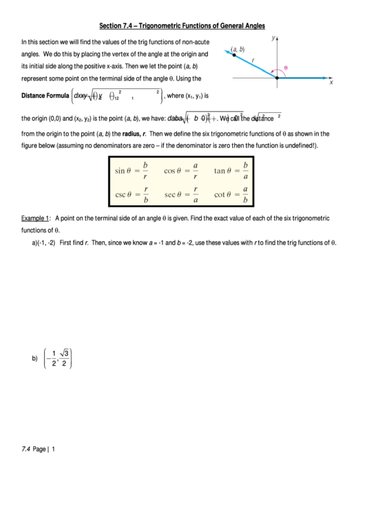 Trigonometric Functions Of General Angles Worksheet Template Printable pdf
