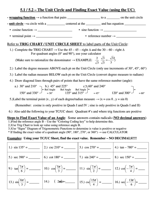 The Unit Circle And Finding Exact Value (Using The Uc) Worksheet Printable pdf