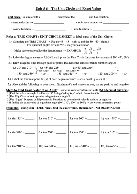 The Unit Circle And Exact Value Worksheet Template Printable pdf