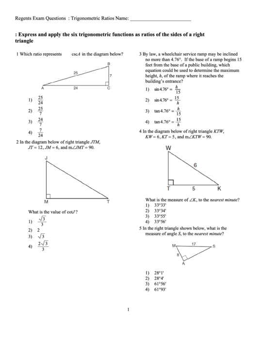 Trigonometric Ratios Worksheet Template Printable pdf