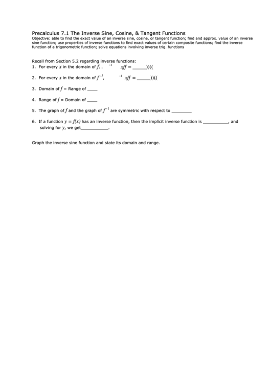 The Inverse Sine, Cosine, & Tangent Functions Worksheet Template Printable pdf