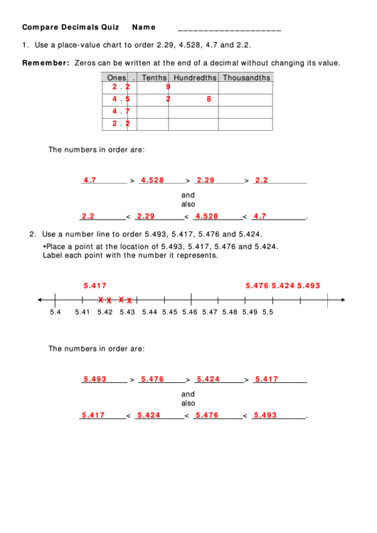 Compare Decimals Quiz Printable pdf