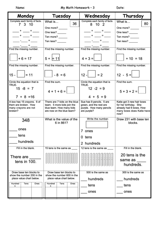 Math Homework Chart Template - Place Value Printable pdf