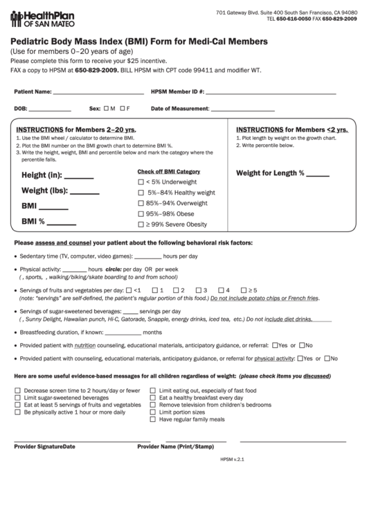 Pediatric Body Mass Index (Bmi) Form For Medi-Cal Members Printable pdf