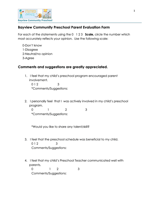Bayview Community Preschool Parent Evaluation Form