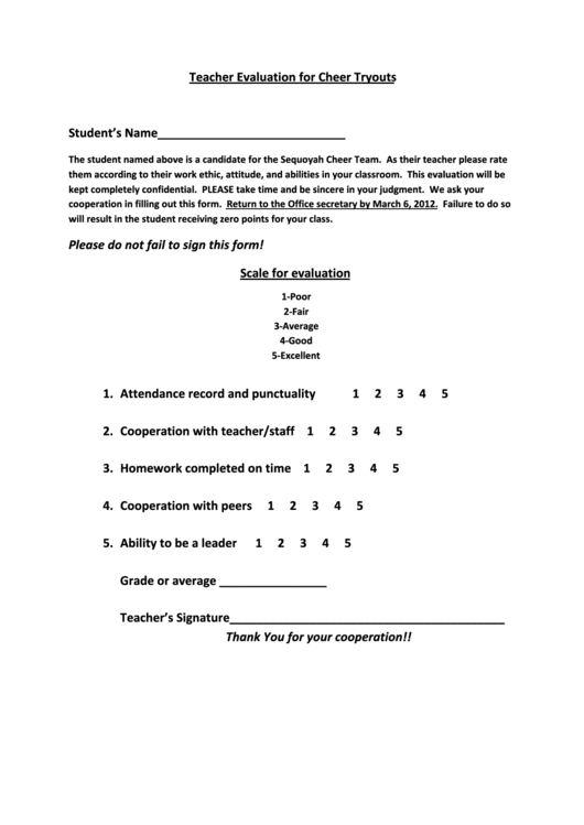 Teacher Evaluation For Cheer Tryouts Printable pdf