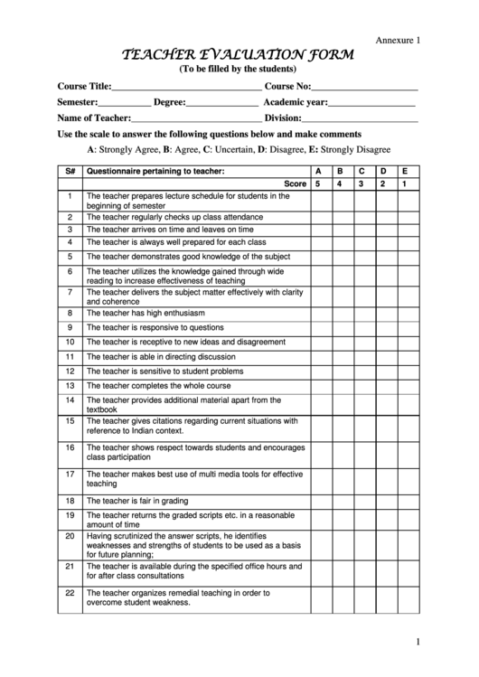 Teacher Evaluation Form Printable Pdf Download