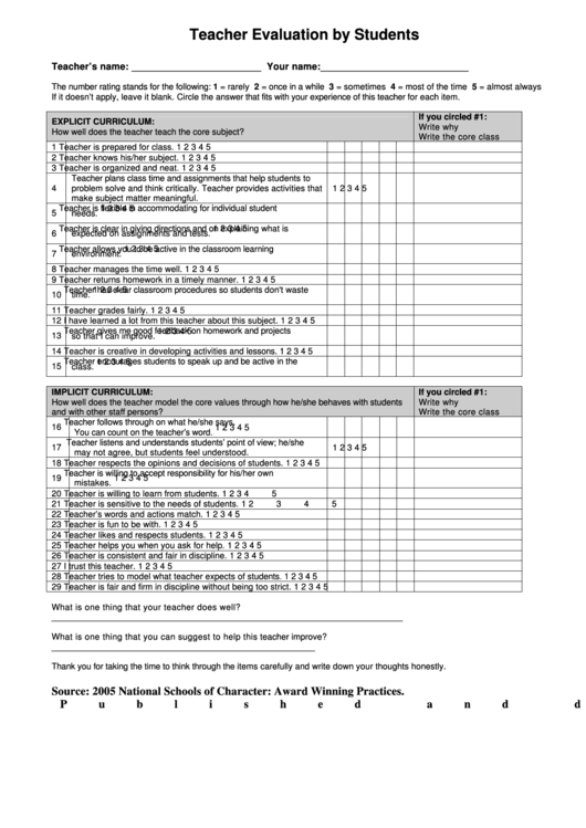 Teacher Evaluation By Students Printable pdf