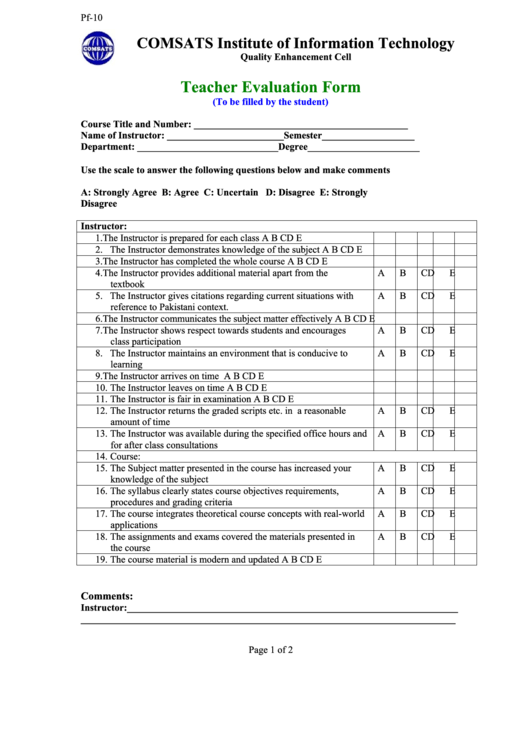 Teacher Evaluation Form printable pdf download