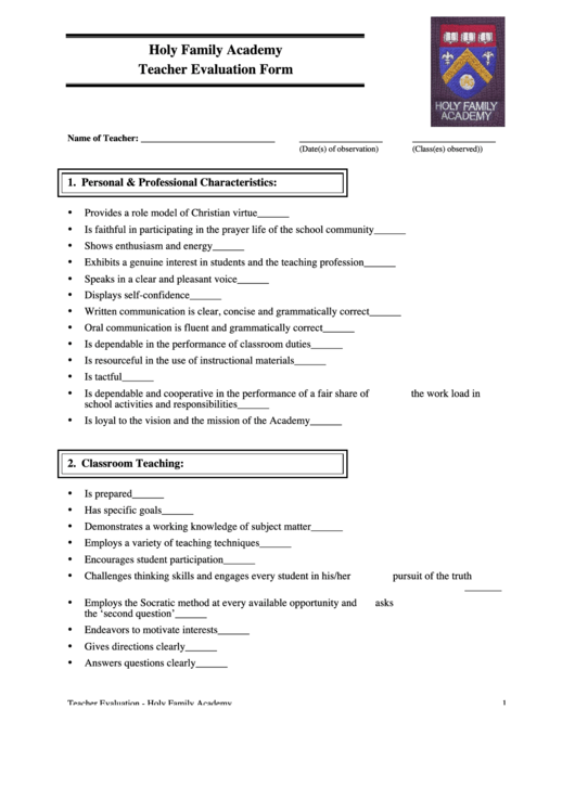 Holy Family Academy Teacher Evaluation Form Printable pdf