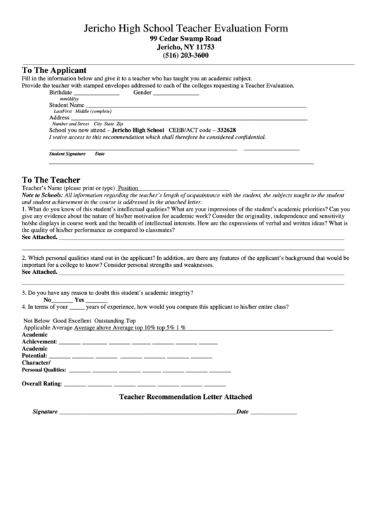 Jericho High School Teacher Evaluation Form