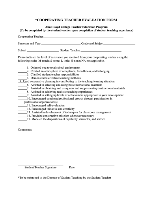 Cooperating Teacher Evaluation Form Printable pdf